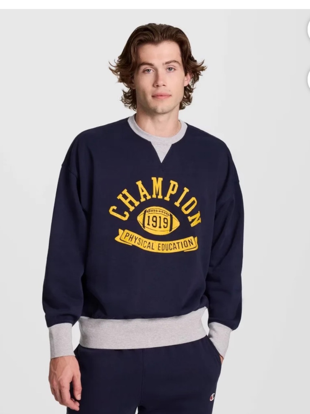 Champion Navy Crewneck Sweatshirt with Yellow Graphic Sz L